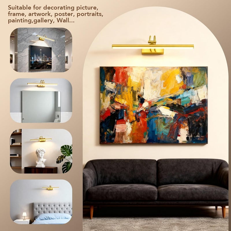 RAIFOOLLY Picture Light,Picture Lights for Wall Cordless,16" Picture Lights with Timer and Dimmable,Battery Wall Lights for Display Gallery Painting Art Frame Portrait-Plated Gold - Image 3